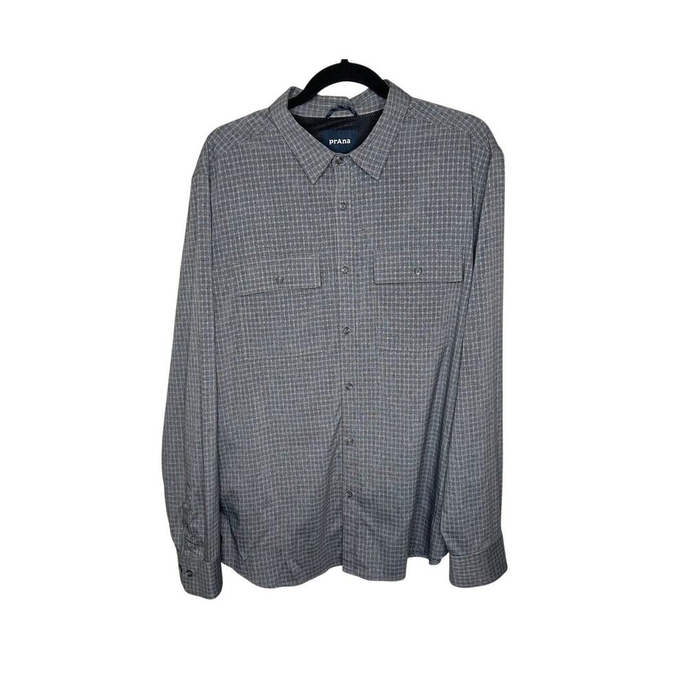 prAna Garvan Shirt Mens L Gray Grid Stretch Hiking Outdoor Long Sleeve Button Up